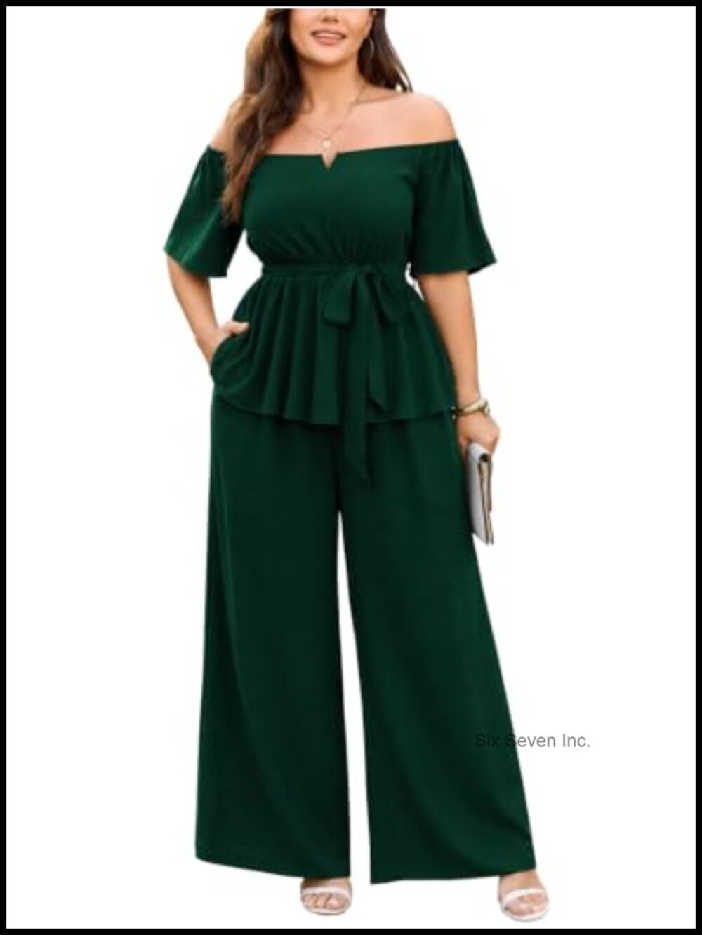 Plus Size Off Shoulder Peplum Top & Wide Leg Pant Set Tie Waist